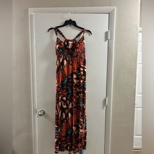 Allison Brittney Brown, Orange & Teal Abstract Print Maxi Dress